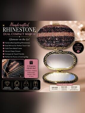 Handcrafted Rhinestone Dual Compact Mirror Gold Lip Clutch Pink Black Sparkle